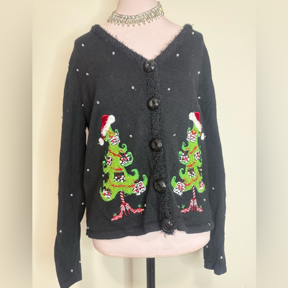 Mandal Bay Festive Black Christmas beaded Carigan Sweater in size Medium
